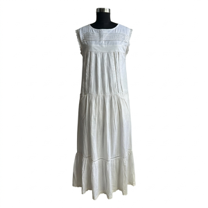 Vestido Largo Informal de Verano para Mujer, de Algodón y Lino, Cuello Redondo, Sin Mangas, con Detalles de Encaje y Pliegues, para Uso Diario - Product Image 1