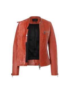 Chaqueta Bomber Corta de Cuero Genuino con Estampado de Cocodrilo Rojo Intenso para Mujer, Prenda Exterior Moderna, MOQ Bajo, Logotipo Personalizado - Product Image 1