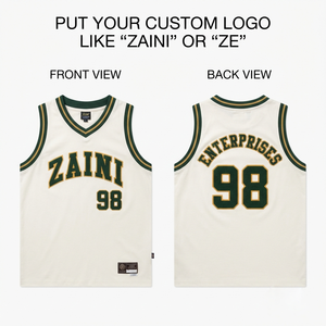 Camiseta de Baloncesto para Hombre, Malla de Poliéster Premium de 160 GSM, Color Crema, Verde y Dorado, Logotipo Personalizado, Número, Nombre del Equipo, Sin Mangas - Product Image 1