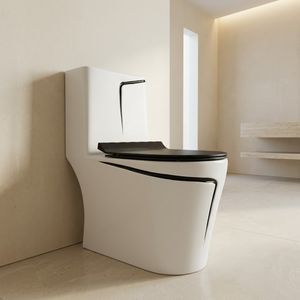 Inodoro de una Pieza Contemporáneo en Color Blanco con Asiento Negro y Descarga de Doble Flujo con Sifón - Product Image 3