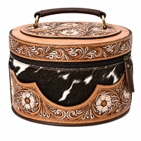 Étui à bijoux ovale en cuir véritable Western, orné de poils, fait main, avec poignée et fermeture éclair, pour voyage et rangement de cosmétiques