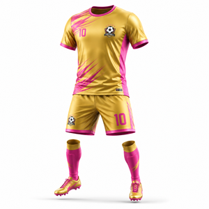 Ensemble de maillots de football personnalisés par sublimation pour hommes, uniforme de football à manches courtes, t-shirt et short d'équipe sportive, kit de football respirant or rose - Product Image 2