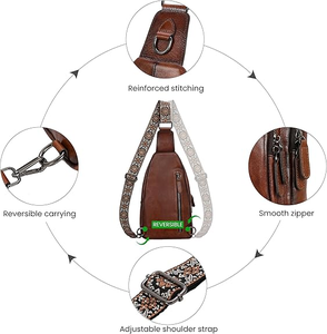 Classic Brown Leather <b>Sling</b> Chest Bag for Women Vintage Style Crossbody Bag with Multi Pockets Reversible Carry Strap - Product Image 2