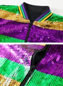 <b>Men's</b> <b>Sequined</b> Varsity <b>Jacket</b> Purple Green Gold Striped Zipper Front Casual Spring Wear Regular Fit Turn-down Collar - Product Image 4