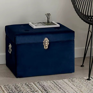 Navy Blue Velvet <b>Trunk</b> Set Of 2 Features Gleaming Gold Hardware And Side Handles For Luxurious, Elegant Home <b>Storage</b> Decoration - Product Image 4