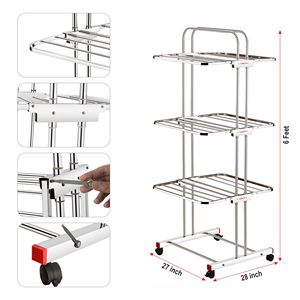 Séchoir à linge pliable moderne robuste à trois niveaux en acier inoxydable et plastique avec roues pour intérieur - Product Image 2