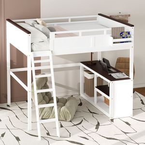 Letto a soppalco matrimoniale con scrivania bianca, ripiano aperto, contenitore portaoggetti e stazione di ricarica USB - Product Image 1