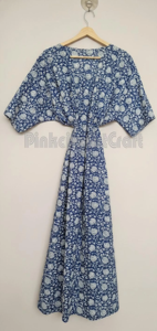 Handcrafted Indigo Blue Floral Block Print Cotton <b>Kaftan</b> Dress with Adjustable Drawstring Flattering V-neckline <b>Long</b> Maxi Gown - Product Image 3