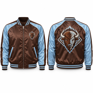 Veste en satin pour équipe, fermeture à boutons-pression, surface brillante, patch brodé, finition lisse, graphiques sublimés, uniforme de club, ourlet athlétique - Product Image 1