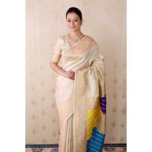 ผ้าไหมนุ่มแบบบาแนรัส พร้อมผ้าคลุมไหล่หลากสีครีม ทอแบบซารี  สำหรับเสื้อผ้าอินเดียและปากีสถาน - Product Image 5