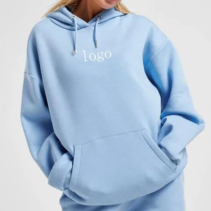 Sudadera con Capucha Extra Grande para Mujer, Color Azul Claro, 100% Algodón, Felpa Transpirable, Logotipo Estampado en la Parte Delantera, Estilo Urbano para Otoño - Product Image 1