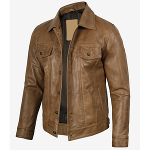 Chaqueta de Cuero Vacuno Marrón Camel Original OEM 2026, Superventas, para Hombre, con Cuello Camisero, Alta Calidad, MOQ Bajo, Chaquetas de Moda - Product Image 4