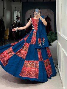 Women Traditional Indian Pakistani Wedding <b>Saree</b> Set Blue <b>Red</b> Embroidered Cotton Floor-Length Loose Fit Adult Size 7 Days Sample - Product Image 4