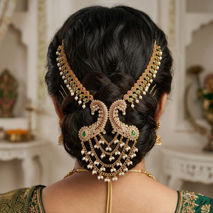 Pinza para el Cabello Nupcial Étnica India Tradicional con Piedra Pota y Perlas, Broche de Aleación de Zinc con Diseño de Pavo Real para Boda - Product Image 1
