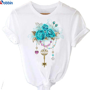 Camiseta estampada de manga corta para mujer, estilo dulce, top con estampado de rosas y mariposas, holgada y transpirable - Product Image 1