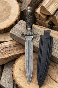 Couteau à lame fixe en acier Damas Commando, pointe tombante, manche en bois, avec étui en cuir - Product Image 2