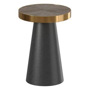 <b>Round</b> Sunburst Wood <b>Side</b> <b>Table</b> with Conical Metal Base Circular End <b>Table</b> with <b>Gold</b> Trim Rim Modern Industrial Accent - Product Image 4