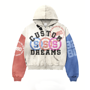 Vintage Washed Heavyweight Cotton Hoodie <b>Mens</b> Oversized Zip-Up Sunfaded Graphic Hoodie with Custom Screen Print and Rhinestone - Product Image 6