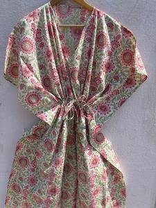 Women's Floral Print 100% Cotton Maxi <b>Kaftan</b> Dress V Neck Batwing Sleeves Drawstring Eco-Friendly Breathable Handmade <b>Beach</b> - Product Image 5