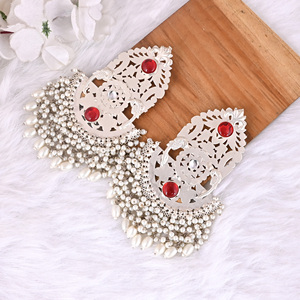 <b>Red</b> Hydro & Pearl & Kundan Stone Ethnic <b>Earrings</b> | Silver Plated Brass Traditional Indian Jewelry - Product Image 3