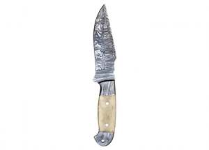 Cuchillo utilitario de hoja fija de acero de Damasco hecho a mano con mango de hueso, herramienta de corte para exteriores con funda de cuero - Product Image 3