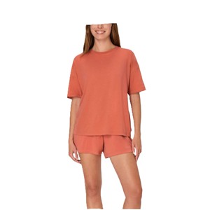 Conjunto de 2 Piezas para Mujer, Shorts y Top de Manga Corta, Color Sólido, Algodón, Cuello Redondo, Corte Holgado, Ropa Casual de Verano - Product Image 1