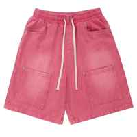 Shorts en coton vintage délavé pour homme, coupe brute, effet délavé à l'acide, style streetwear, avec cordon de serrage épais et patch appliqué