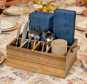 Acacia Wood Cutlery Organizer <b>Caddy</b> with Handle Rustic Flatware Storage Box for <b>Kitchen</b> Counter Dining Table Picnic and Buffet - Product Image 5