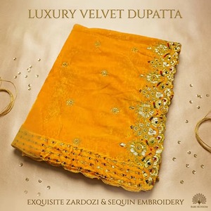 Luxury Yellow Velvet Bridal Dupattas with Heavy Gold Zari Sequin Embroidery Wedding Shawls Women Traditional Ramadan Festive - Product Image 1