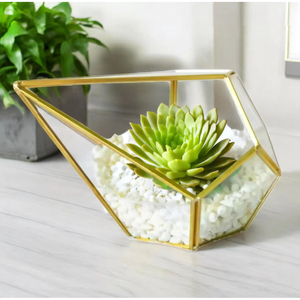 Large Size Diamond Shape Terrarium Tempered Glass with Gold Color Metal Frame for Plants Home Decoration Items Crystal <b>Vase</b> - Product Image 2
