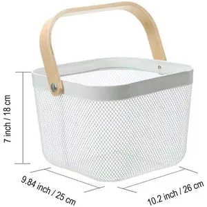 Metal <b>Mesh</b> Storage Basket With Wooden Handle White Colander <b>Strainer</b> Kitchen Organizer - Product Image 2