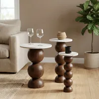 Ensemble de table basse moderne en bois avec plateau en marbre et piétement sphérique sculpté, fait main, facile à nettoyer, meubles de salon
