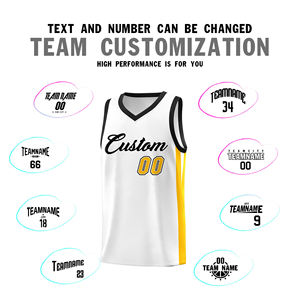 Maillot de basket personnalisé blanc et jaune, col en V, sans manches, impression par sublimation, évacuation de l'humidité, vêtements de sport athlétiques unisexes pour adultes - Product Image 5