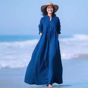 เดรสผ้าลินินสีน้ำเงินสำหรับผู้หญิง แขนยาว ติดกระดุมด้านหน้า ทรงหลวม ทรงเอไลน์ ชุดลำลองชายหาด มีกระเป๋า - Product Image 1