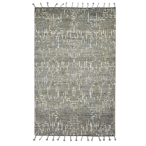 Tapis d'intérieur en laine tissé à la main gris anthracite et ivoire, à poils ras, motif géométrique tribal texturé avec franges - Product Image 4