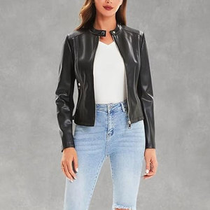 Veste moto en cuir PU noir pour femme, manches longues, fermeture éclair, col montant, coupe courte, style automne - Product Image 6
