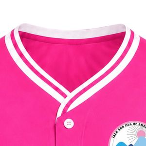 เสื้อเบสบอลผู้หญิงสีชมพูสด ปักลาย ป้ายปัก แขนสั้น ติดกระดุมด้านหน้า คอวี แต่งขอบสีขาว ชุดกีฬาลำลองสำหรับทีม - Product Image 2