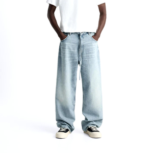 Jean en denim personnalisé pour homme, taille haute, coupe ample et oversize, délavé, vintage, jambe large, effet usé, par le fabricant - Product Image 1