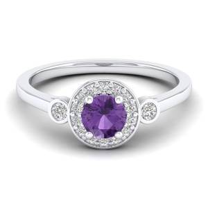 REYES แหวนทอง 14K ดีไซน์หรูหรา ประดับพลอยอเมทิสต์ทรงกลม 0.5 กะรัต พร้อมมอยส์ซาไนต์ เครื่องประดับสำหรับผู้หญิง แหวนคลาสสิก เครื่องประดับชั้นดี - Product Image 5