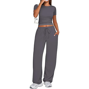 Womens Stylish 2-Piece Solid Short Sleeve Loungewear Set with <b>Lace</b>-Up Detail and Modal Fabric - Product Image 4