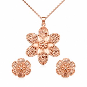 Ensemble collier et boucles d'oreilles pendantes florales en zircon cubique plaqué or rose, bijoux vintage en argent sterling 925 pour femme, élégance - Product Image 6