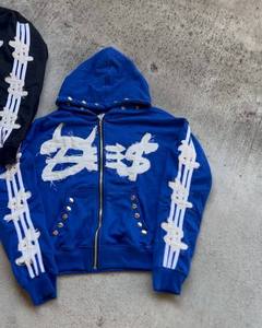 Custom Hoodie Applique Embroidery Zipper Hoodie Manufacturers Streetwear Cropped Striped French Terry Hoodie - Product Image 4