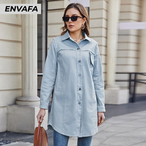 Trench-coats personnalisés de haute qualité en gros, trench-coat en jean mi-long, veste à boutons en jean avec manches longues - Product Image 6