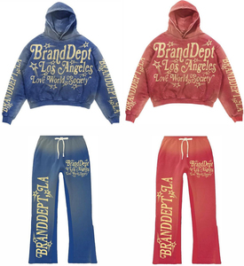 Ensembles de survêtements sportifs pour hommes, effet délavé, avec logo personnalisé, sweat à capuche et pantalon de jogging, 2 pièces, été - Product Image 6