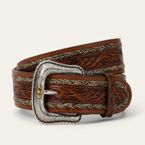 เข็มขัดหนังแท้สไตล์ตะวันตก ลายใบไม้ สำหรับผู้ชาย พร้อมหัวเข็มขัดเงินดีไซน์สองสี - Product Image 2