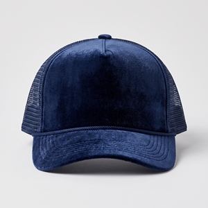 <b>Navy</b> Blue Velvet Mesh Trucker <b>Hat</b> 5 Panel Curved Brim Adjustable Unisex Cap Custom Logo Embroidery Eyelet Four Seasons Casual - Product Image 1