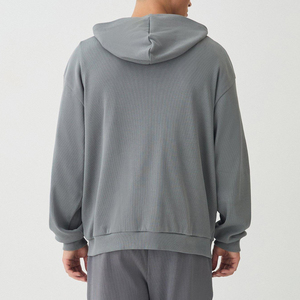 Men's Oversized <b>Hooded</b> <b>Zip</b>-Up Sweatshirt Solid Gray Knitted Cotton Casual Autumn Wear - Product Image 2
