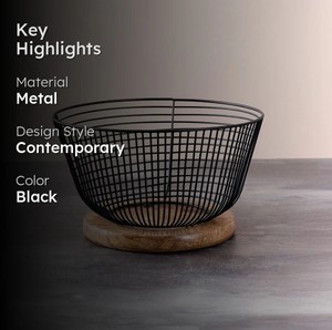 Cesta de Almacenamiento de Alambre de Hierro Negro con Base de Madera |   Frutero Moderno para Cocina y Organizador Decorativo de Mesa - Product Image 2
