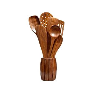 Ensemble de cuillères en bois naturel écologiques avec spatule, louche, spatule à retourner et cuillère à mélanger pour ustensiles de cuisine - Product Image 1