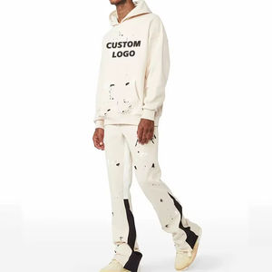 Survêtement d'hiver pour homme, coupe classique, 100 % coton, 340 grammes, avec logo imprimé à rayures, pantalon empilé, personnalisable, vente chaude - Product Image 2